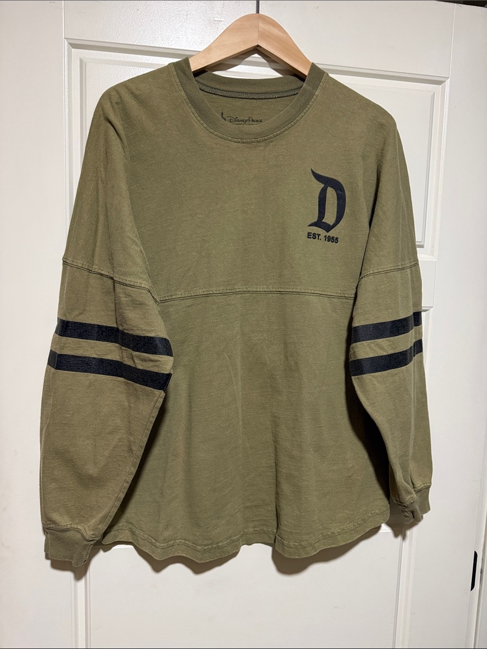Disneyland resort Olive spirit Jersey Green Sweatshirt with Black Sleeve Stripes